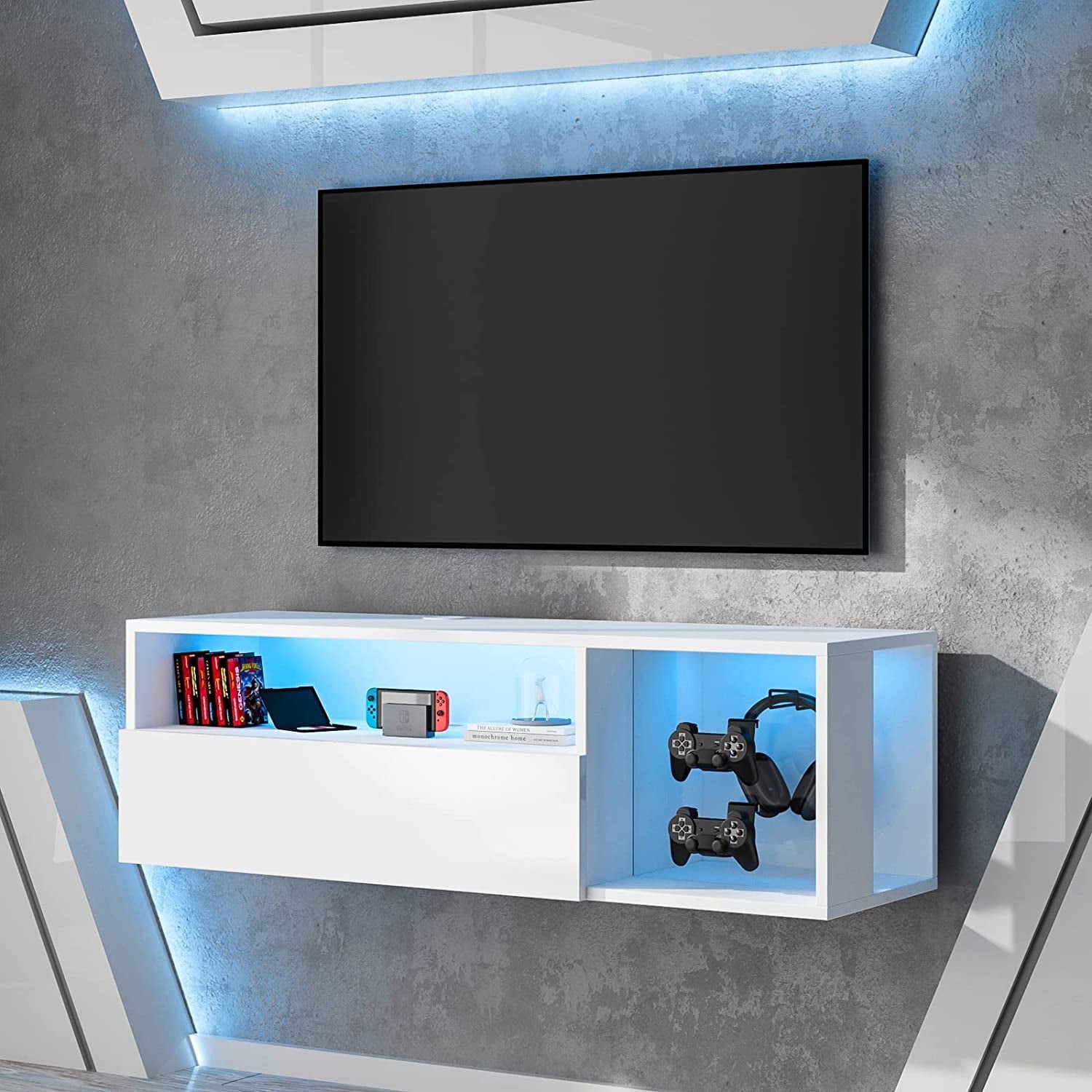 SogesPower 39.3 inches Length Floating TV Stand with Lights,Floating Entertainment Center, Suitable for Maximum Screen Size of 65 Inches,White