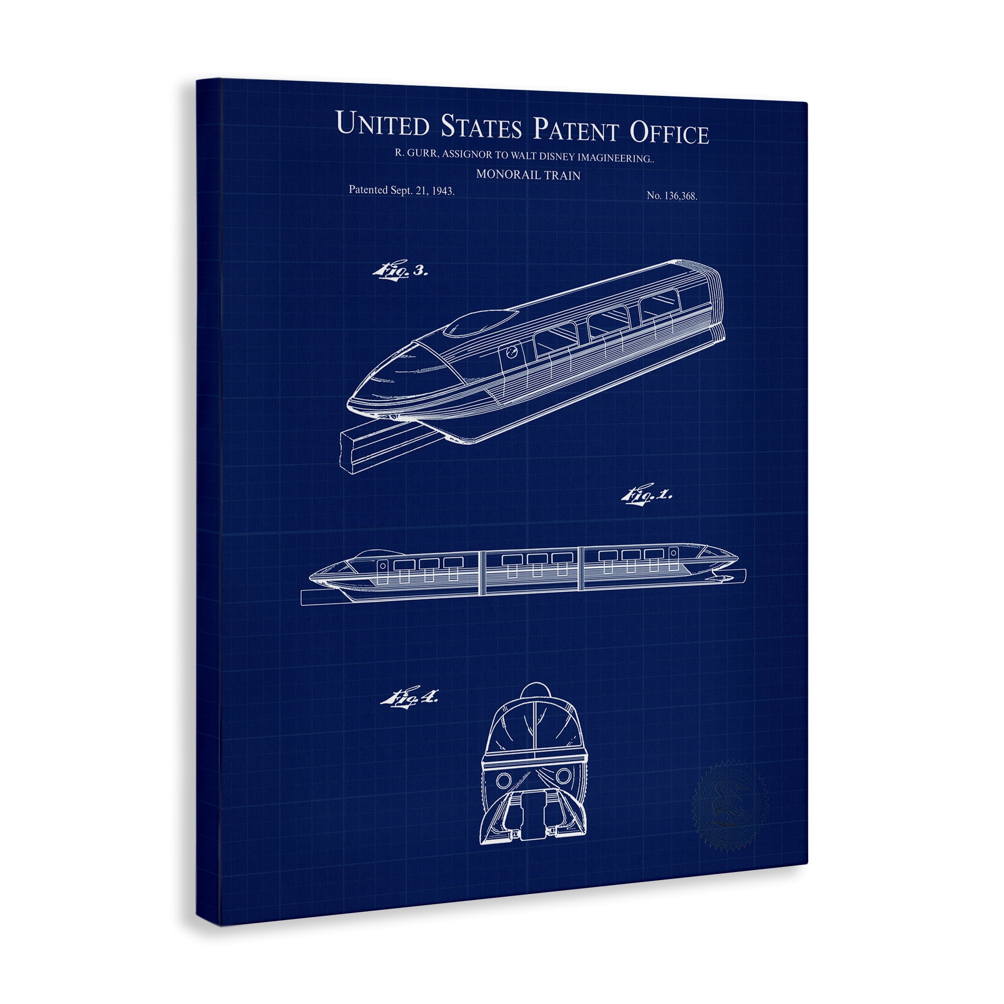 Stupell Industries Monorail Train Blueprint Transportation Painting Gallery Wrapped Canvas Art Print Wall Art, 36 x 48
