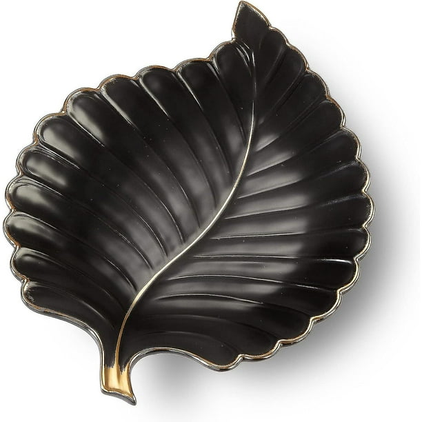 Bandejas de cerámica para joyería, plato de baratija, plato de anillo, plato de cerámica para dulces, plato para aperitivos, plato en forma de hoja (negro, mediano)
