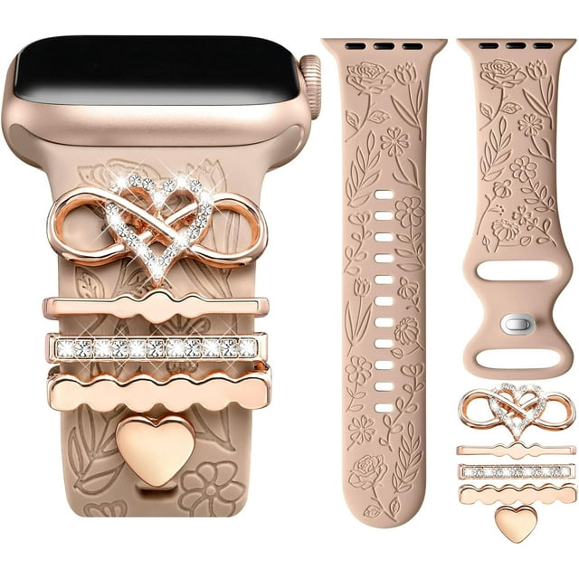 Correa con Floral Grabado Compatible con Apple Watch 40mm 44mm 42mm 38mm 41mm 45mm 46mm 49mm, Correas Silicona Suave con Adornos Decorativos para iWatch Series 11/10/9/8/7/6/5/4/3/2/1 SE Ultra
