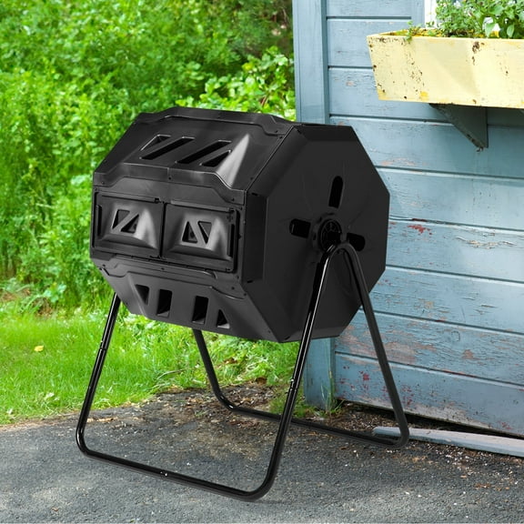 42GAL Dual Chambers Composter, Rotating Compost Tumbler Bin with Sliding Doors, Metal Stand, Black Resin Heavy-Duty Composting Tumbler, 36’’H