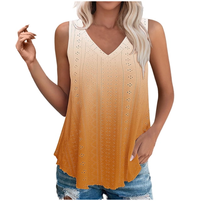 Plebaso Womens Tank Tops V Neck Gradient Lightweight Eyelet Shirts Flowy Loose Summer Sleeveless Blouses