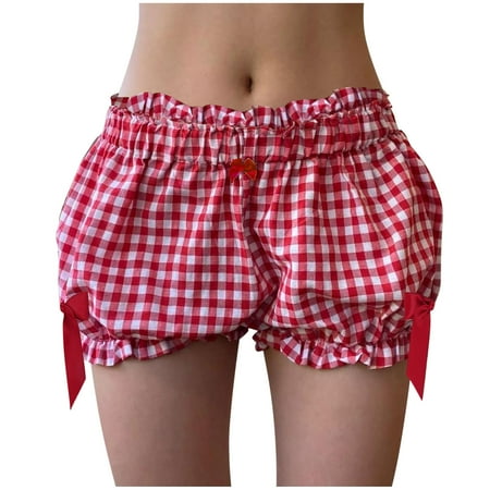 JGGSPWM Women s Y2K Style Gingham Bloomers Cute Low Waist Plaid Sleep Shorts Ruffle Pajama Bottoms Red S