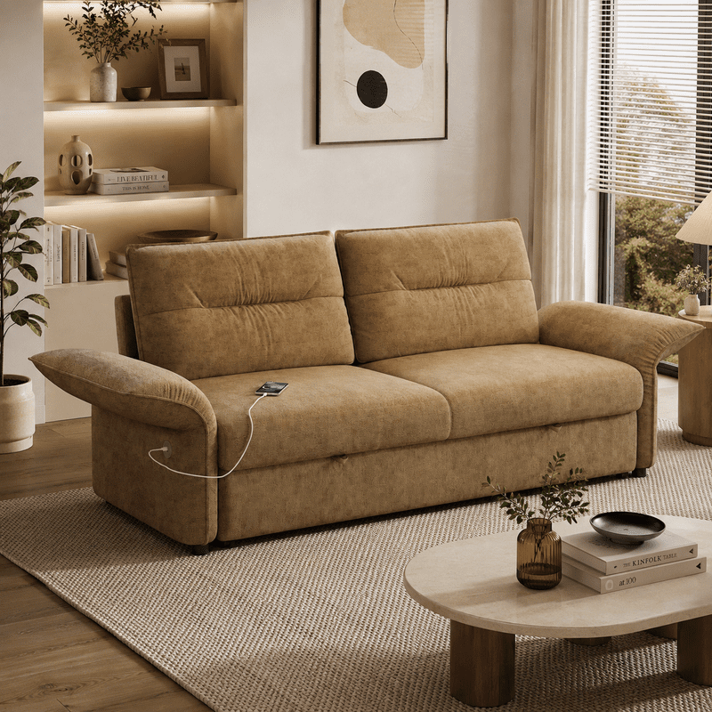 85" Convertible Sofa Bed, 2-in-1 Sleeper Sofa with Plush Fabric, Full-Size Pull-Out Couch with USB Charging Ports, Solid Wood Frame, High-Resilience Foam for Living Room & Small Space