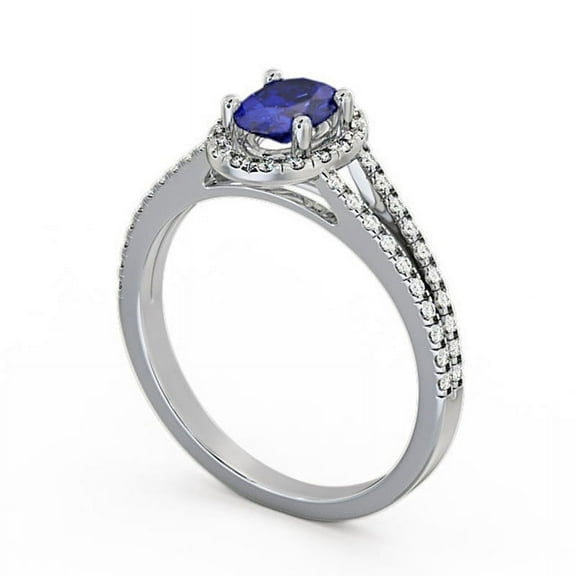 0.86 Ct Oval Cut Blue Sapphire Genuine Diamond Unique Solitaire With Asscents Ring for Women 14K White Gold Size 5