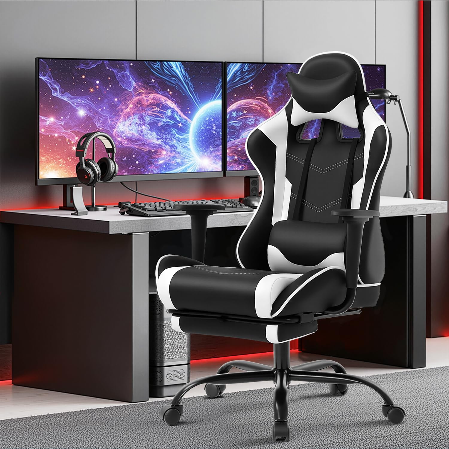 BestOffice Ergonomic Gaming Chair w/Adjustable Lumbar Pillow & Footrest, Reclining Office Computer Chair, White