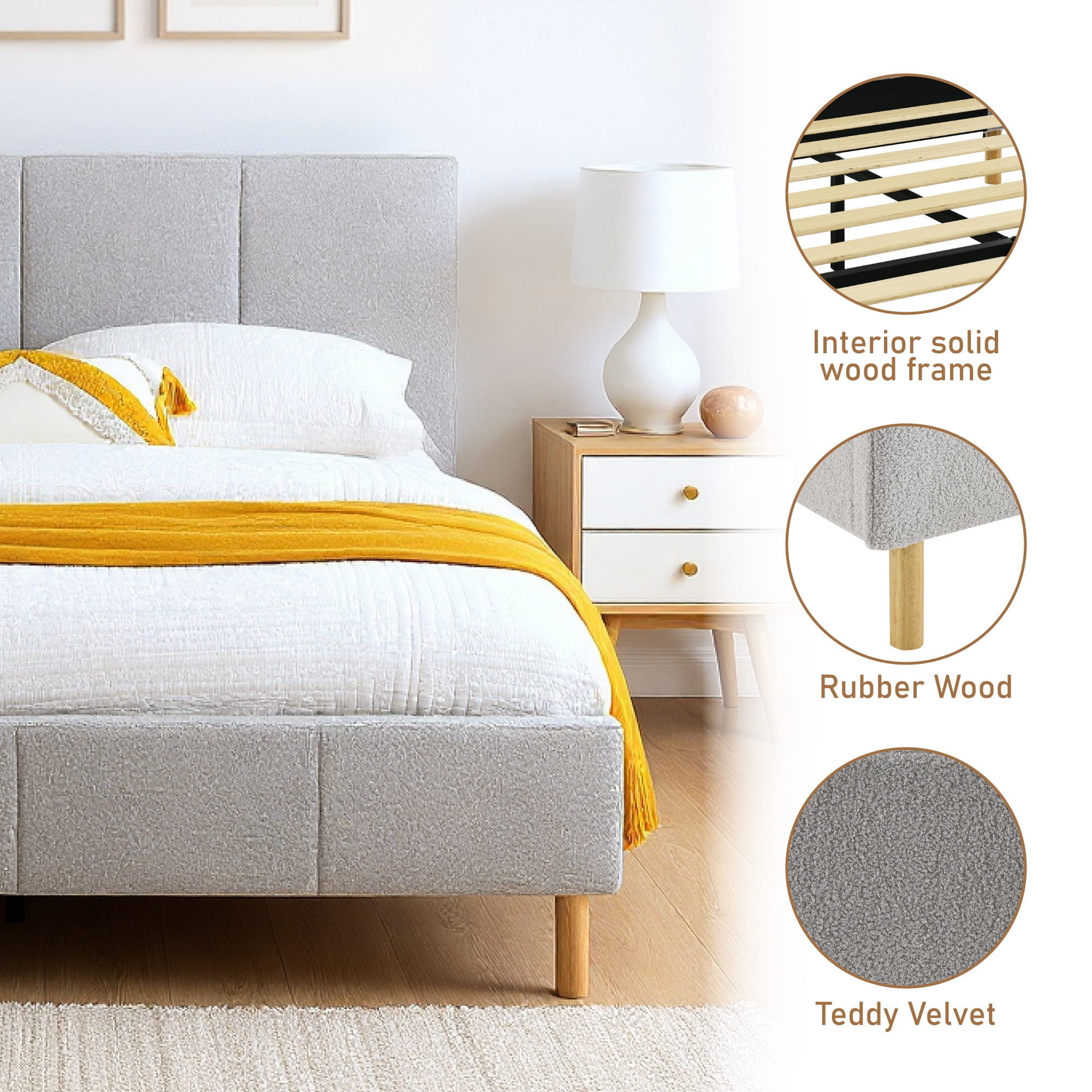 Gewnee King Size Platform Bed Frame with Upholstered Headboard,Sturdy Wood Slats & Center Support,No Box Spring Needed,Easy Assembly,Gray