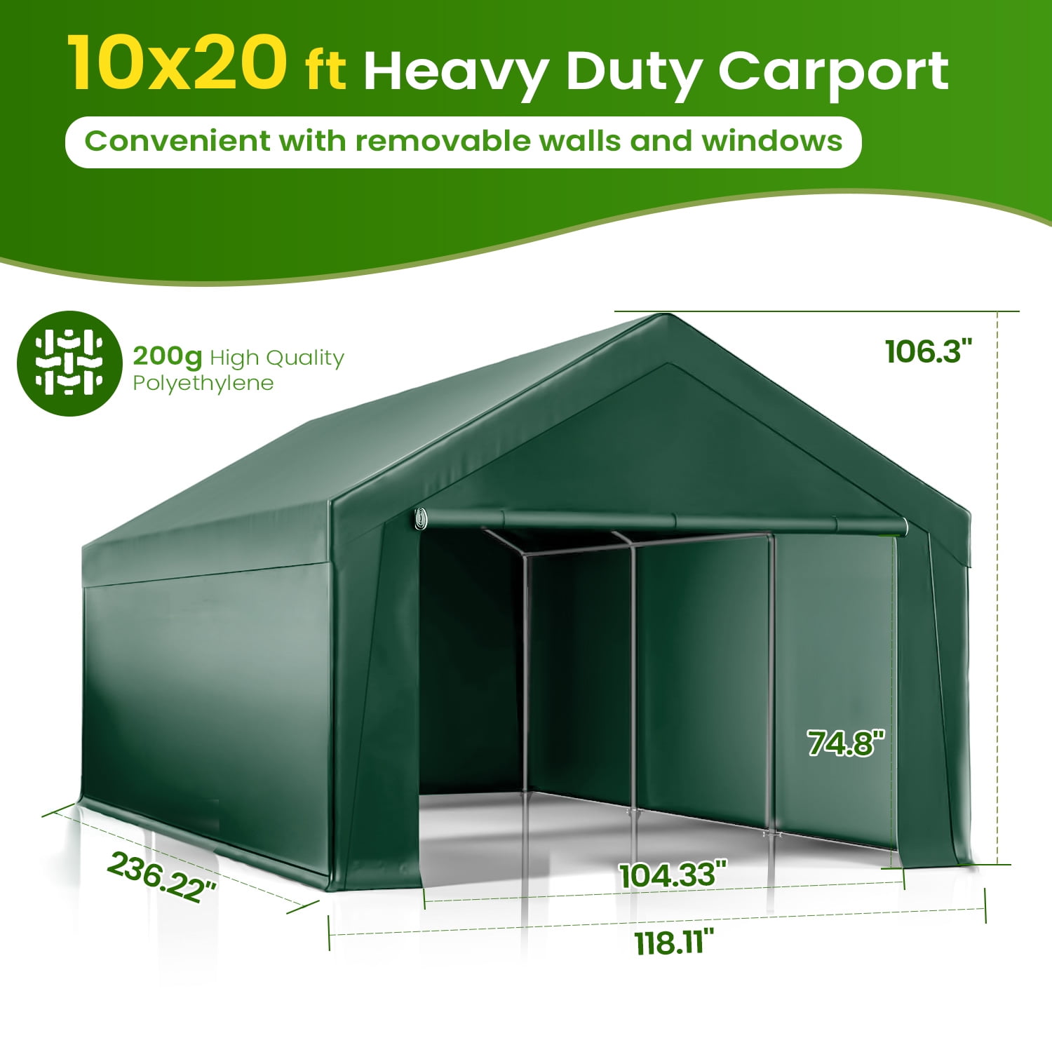 ECOLINEAR Carport 10x20 ft Heavy Duty Carport, Outdoor Potable Garage with Removable Sidewalls & Zipper Doors, Carport Canopy Anti UV All-Season Waterproof Tarp,Car Canopy for Cars,Boats,Green