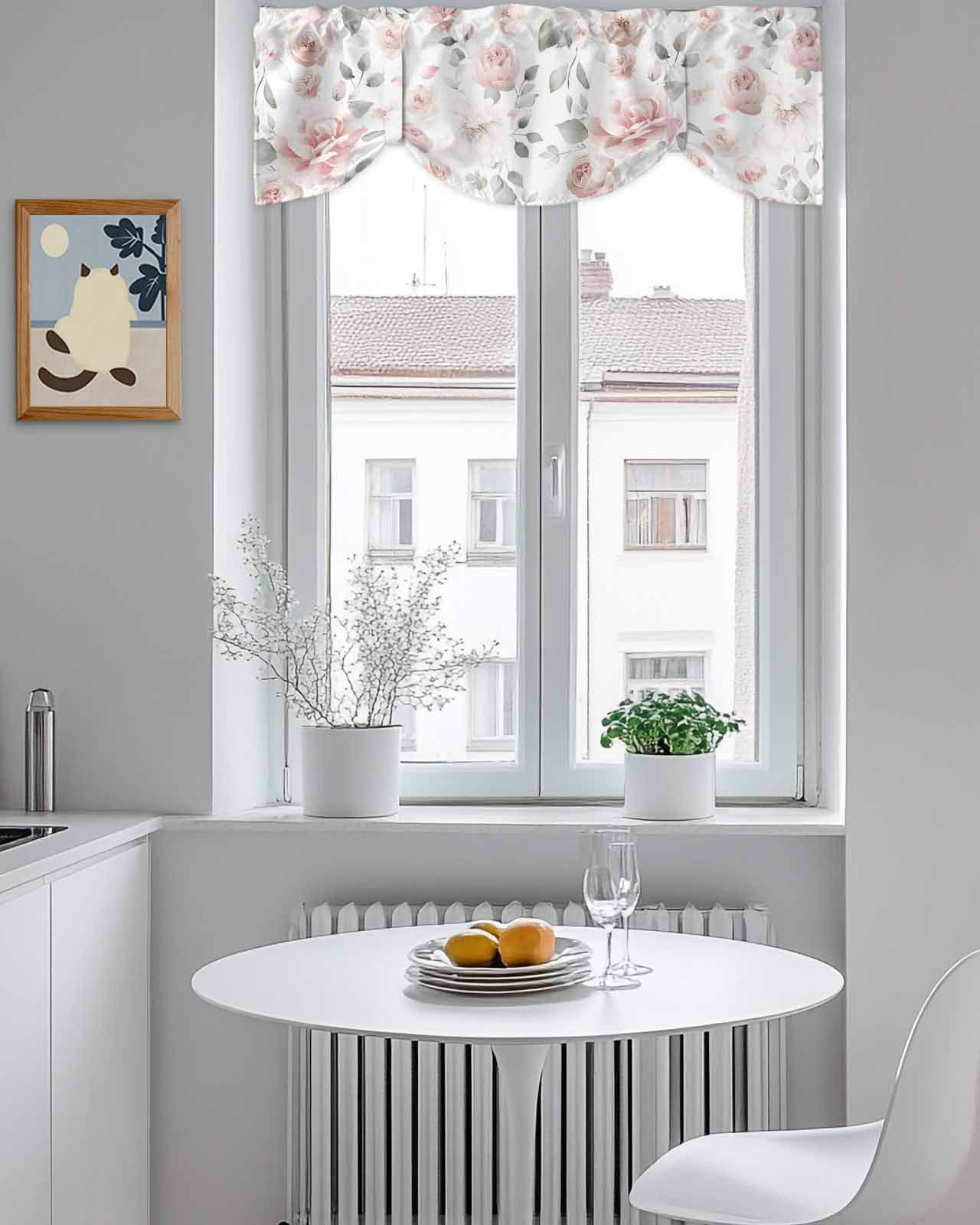 Light Pink Flowers Tie Up Valances Curtain, Adjustable Kitchen Gray Leaf Spring Floral Farm Plant Valances for Windows Decor, Rod Pocket Short Curtains Set for Bedroom/Bathroom, 54"x18"