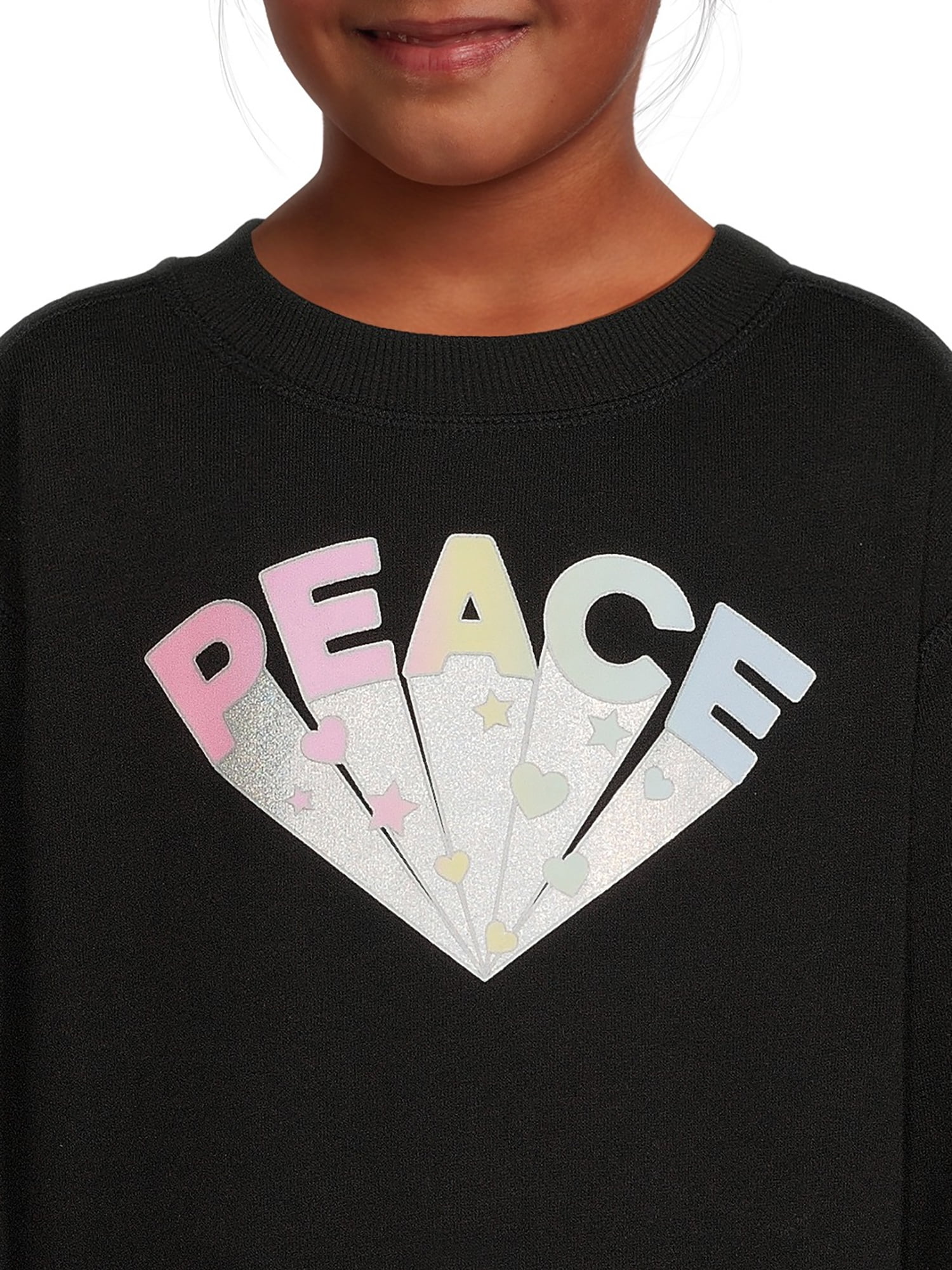 Wonder Nation Girls Fleece Crewneck and Flare Sweatpant 2-Piece Outfit Set, Sized 4-18 & Plus