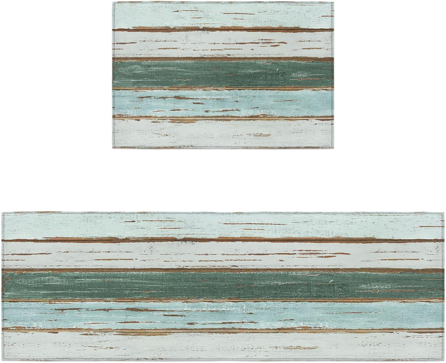 Farm Country Kitchen Rugs and Mats Set of 2, Shabby Teal Wood Grain Non-Slip Floor Doormat Comfort Area Runner Rug and Mat, Retro Wooden Plank Indoor Entrance Carpet Home Decor