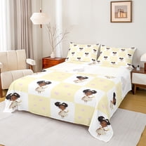 Castle Fairy Black Girl 4-Piece Full Size Sheets,Geometric Plaid Bed Sheets,Love Heart Print Lightweight Sheet Sets,Microfiber Bedroom Decor