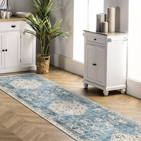 Hallway Washable Runner Rug 2'6x12 - Kitchen Runner Rugs with Non Slip Backing Stain Resistant Rugs for Living Room Bedroom Carpet Distressed Rug Floor Deocr Mat (2‘6''x12', Aqua Blue)