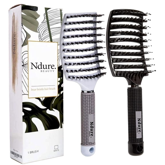 Styling Hair Brush Curved Vented Boar Bristle , 2 PACK, Anti-static Detangler, Thick, Fine, or Curly Hair, Wet or Dry Use, Fast Blow Drying, Use on Long or Short Hair. White & Black Brush Set