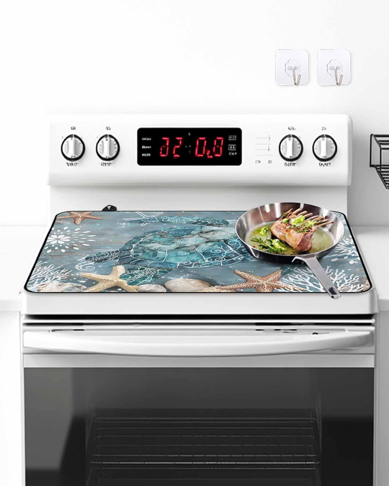 Stove Top Covers for Electric Stove, Blue Turtle Coastal Glass Stovetop Cover Protector, Summer Beach Ocean Starfish Coral Induction Cooktop Protector Oven Mat for Kitchen Countertop 24"x21"