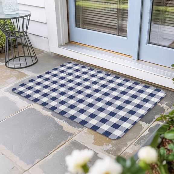 Navy Blue White Plaid Door Mat Indoor Outdoor, Farmhouse Checkered Buffalo Non Slip Welcome Mat with Rubber Backing, Absorbent Fabric Front Door Mats Entryway Rug for Home Patio Entrance 18"x30"