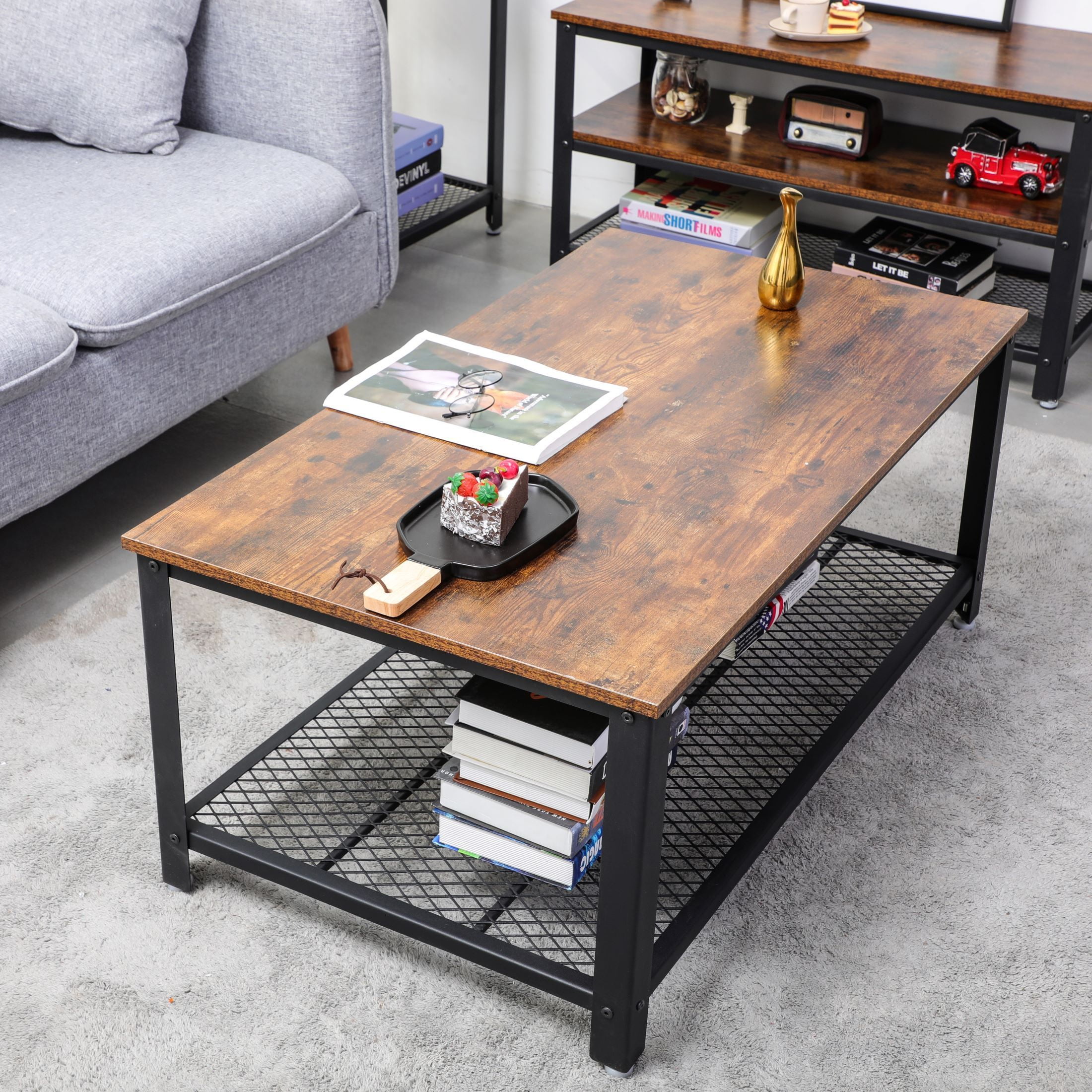 Living Room Storage Shelf and Metal Frame Wood Look Accent Furniture Sofa Table Easy Assembly HOOSENG Industrial Coffee Rustic Brown Living Room Storage Shelf and Metal Frame Wood Look Accent Furniture Sofa Table Easy Assembly HOOSENG Industrial Coffee Rustic Brown