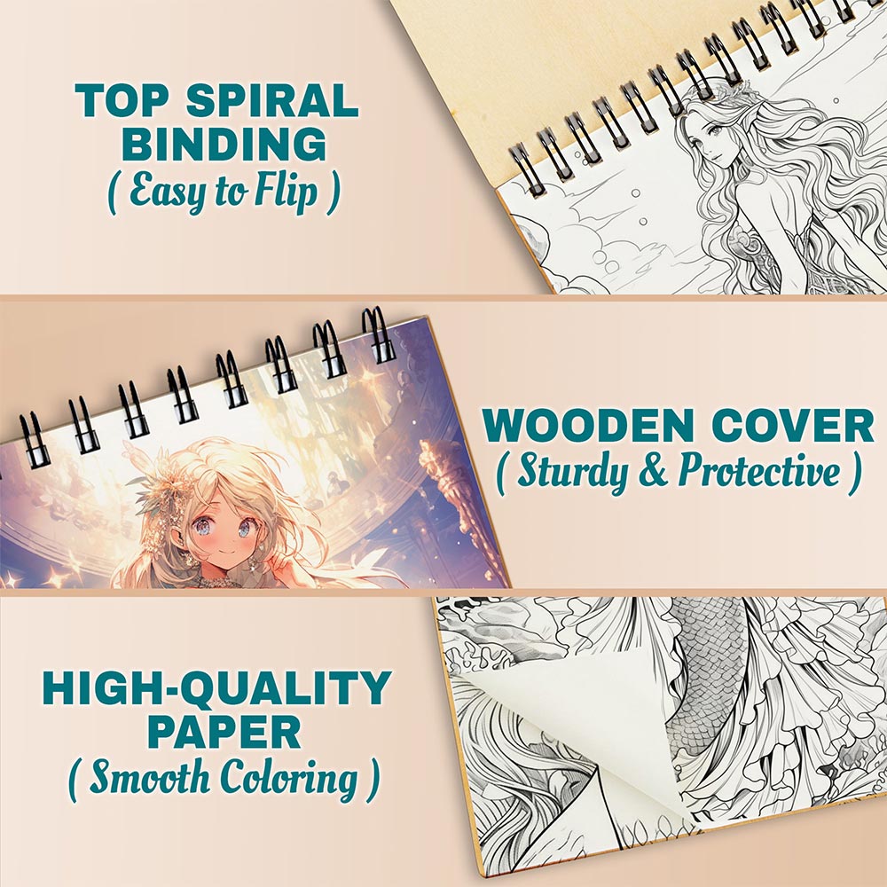 Anime Mermaid Girls Coloring Book Spiral Bound For Adults, A5 Wooden Cover, 30 Beautiful Coloring Pages of Underwater Girls Scenes for Stress Relief and Relaxation