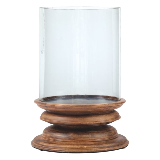 Portavelas Hurricane Benzara Inc vidrio con base de madera 11.70 x 11.70 x 17 pulgadas