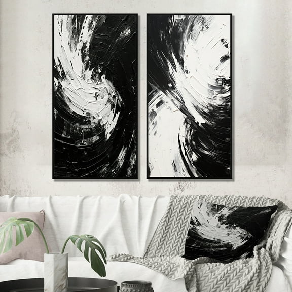 Designart "Finding Equilibrium Minimal Black and White Art" Abstract Painting Framed Wall Art Set Of 2 - Modern Black Framed Canvas Set For Living Room Decor