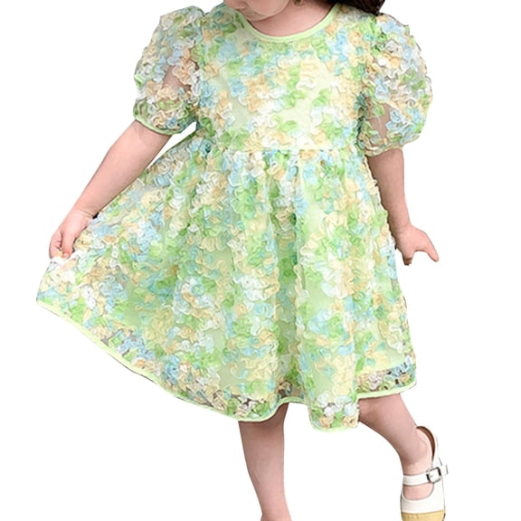 Vedolay Little Girl Dress Flower Girl Dress Elegant Vintage Lace 3/4 Sleeve A-Line Pleated Formal Wedding Party Dress,Green 5-6 Years
