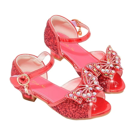 eczipvz Girl Shoes Size 1 Open Front Bow Sequins Sandals for Girls Kids Princess Wedding Formal Ankle High Heel Shoes Red 3