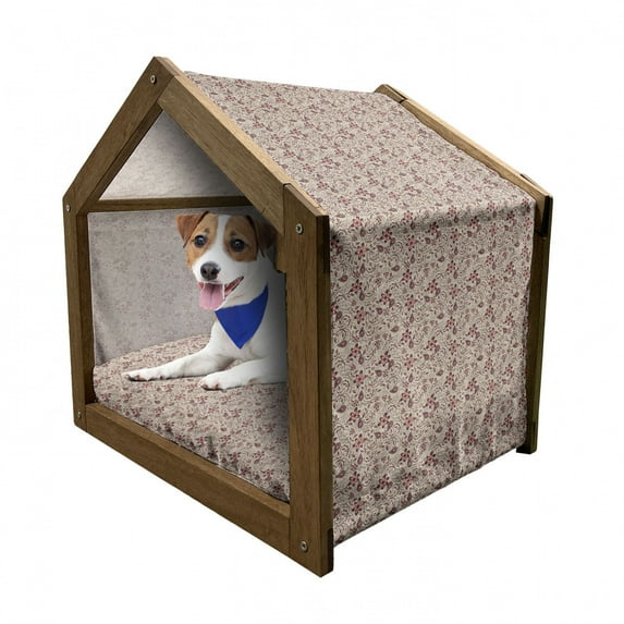 Floral Pet House, Blossoming Spring Meadow Pattern in Retro Style with Curly Details, Outdoor & Indoor Portable Dog Kennel with Pillow and Cover, 5 Sizes, Tan Coral Maroon, by Ambesonne