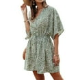 thumbnail image 3 of Robe Femme à Col en V, Robe d'Été à Taille, Vêtements Fille, Robe à Manches Courtes à Imprimé Floral, Vert, M, 3 of 5