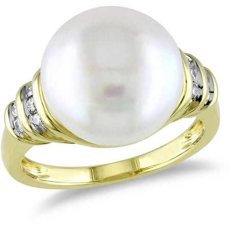 Miabella 12-12.5mm White Button Freshwater Cultured Pearl and Diamond-Accent 10kt Yellow Gold Cocktail Ring