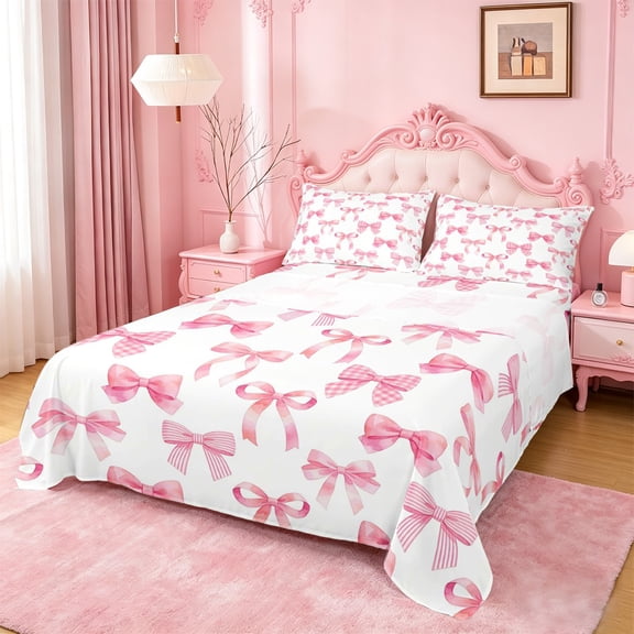 Manfei Pink Coquette Bow Full Size Sheets For Girls,Cute Bowknot Stripe Print Bed Sheets For Kids,4-Piece