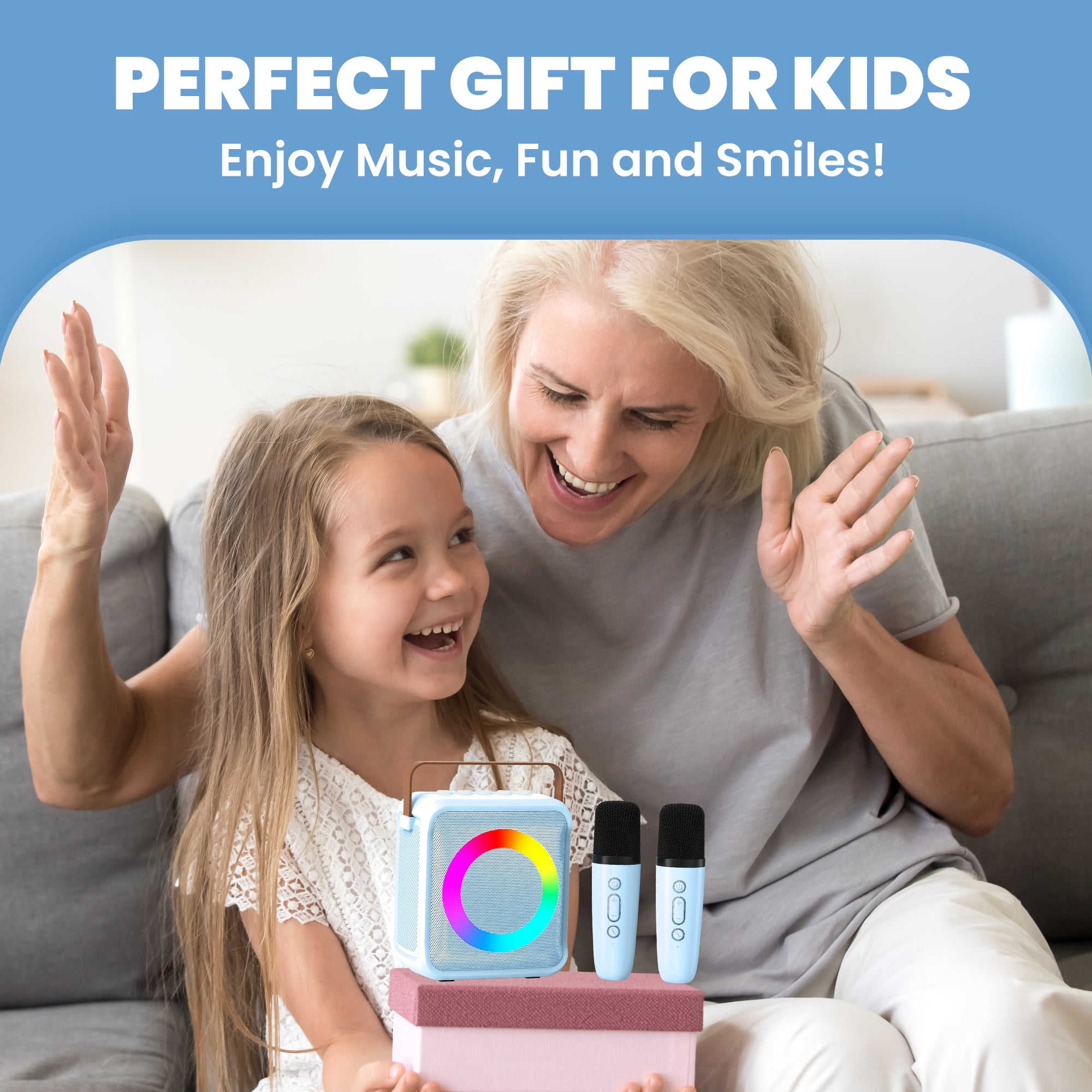 BONAOK Mini Karaoke Machine for Kids, Portable Bluetooth Speaker with 2 Wireless Microphones, Girls Gifts for Christmas Home Party, Blue