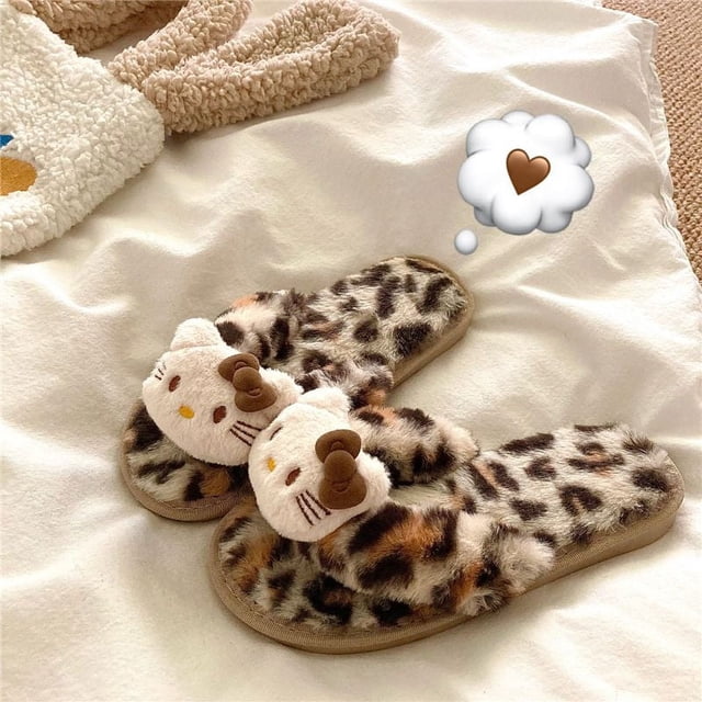 Pantuflas con estampado de leopardo de Hello Kittys Kawaii Y2k, estilo retro, para chica sexy, para el invierno, cálidas, de algodón y felpa para interiores