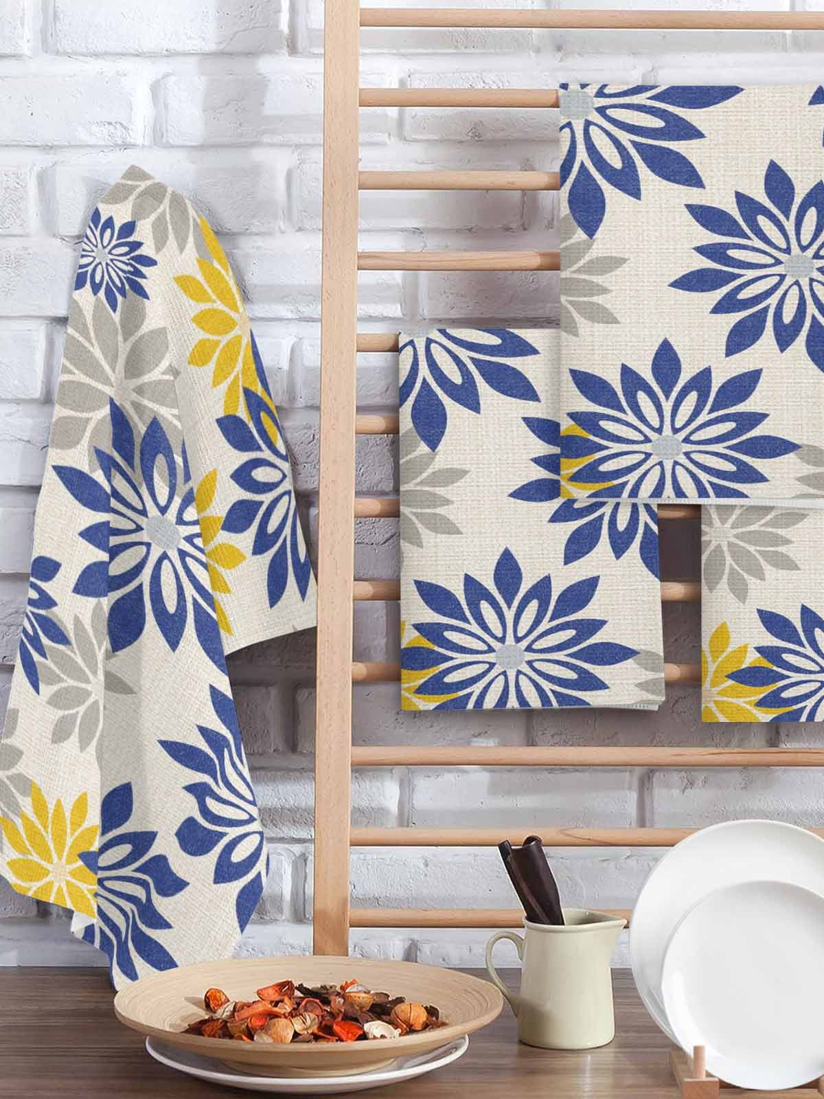 Geometric Flower Kitchen Dish Towels for Drying Dishes Set of 3, Vintage Country Floral Blue Yellow on Linen Waffle Weave Microfiber Hand Tea Bathroom Towels Quick Dry & Absorbent Towel 15.7x23.6