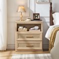 thumbnail image 3 of Boho 2 Drawers Rattan Farmhouse Nightstand, Rustic Bedside Table with Drawers for Bedroom, Vintage End Table with Open Shelf for Living Room, Natural, 3 of 9
