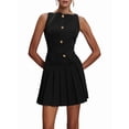 thumbnail image 3 of Women Sleeveless Business Work Office Mini Dress Sleeveless Button Formal Short Pleated Dress Black S, 3 of 9