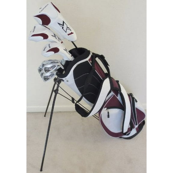 Ladies RH Complete Golf Club Set Driver, Fairway Wood, Hybrid, Irons, Putter, Stand Bag Womens Right Handed White and Deep Purple Wine Colors