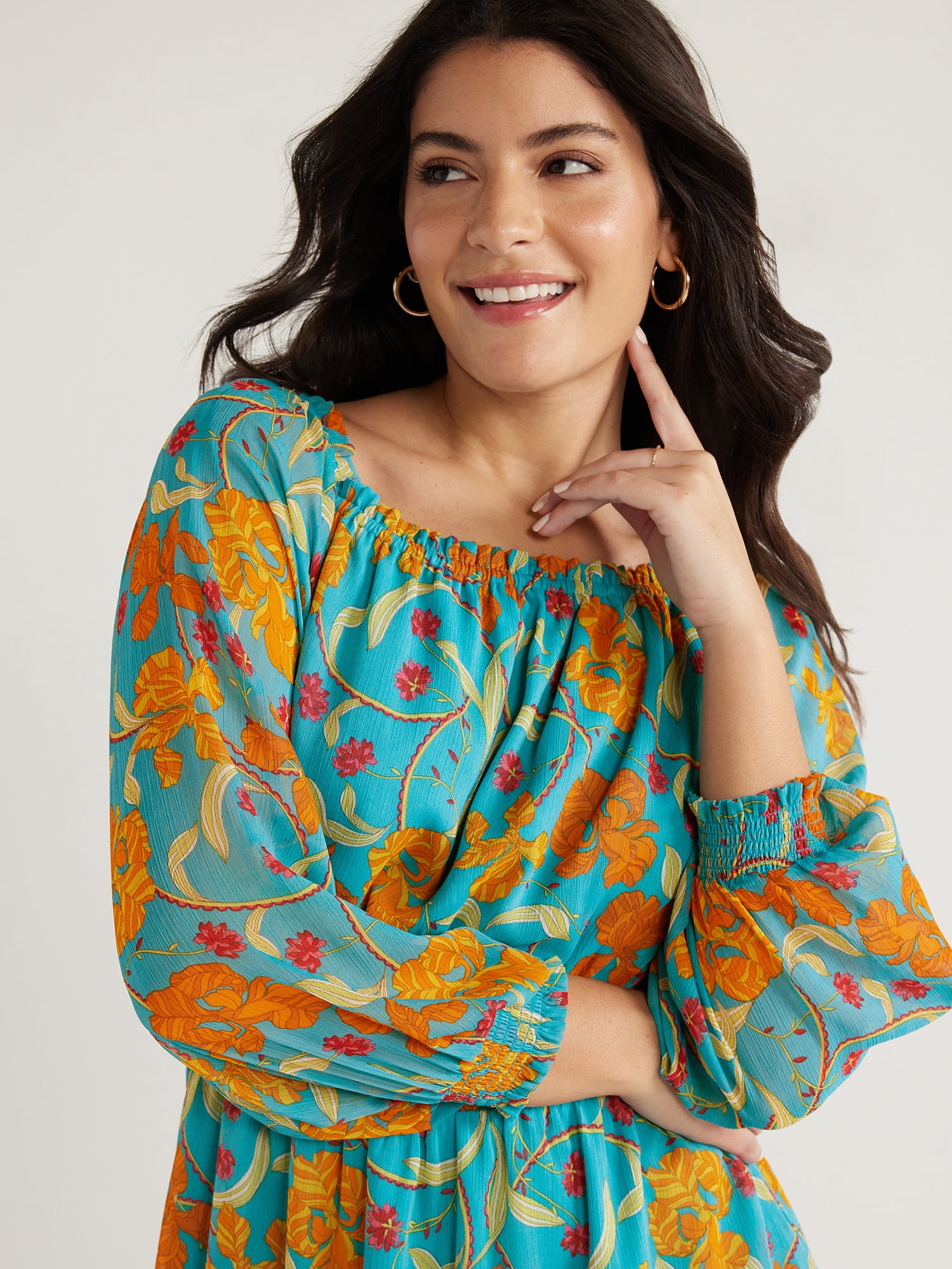 Sofia Jeans Women's and Women's Plus Off the Shoulder Dress with Blouson Sleeves, Sizes XS-5X