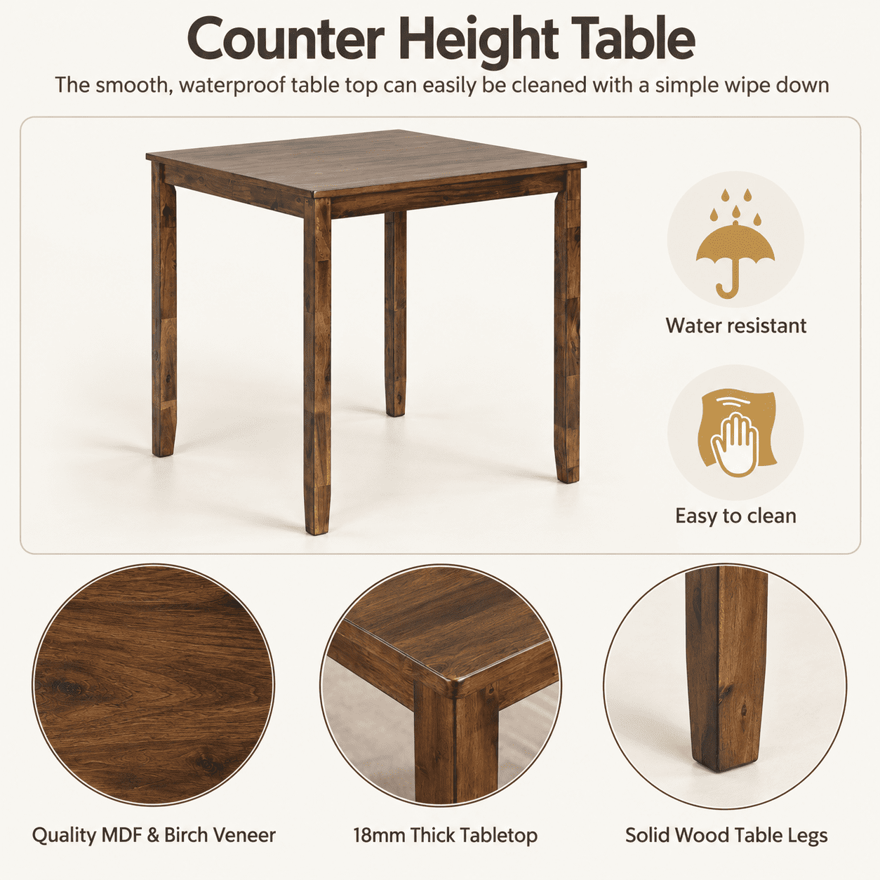PAPROOS Counter Height Dining Table, Solid Wood Square Kitchen Table for Small Space, Modern Farmhouse Acacia Wooden Dining Table, Walnut(Table Only)