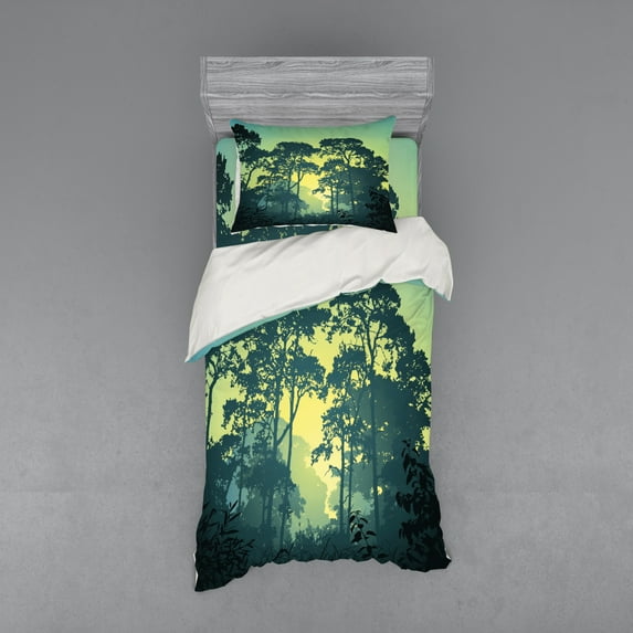Ambesonne Nature Bedding Set 3 Pcs, Mist Forest Trees Scene, Twin XL, Hunter and Green