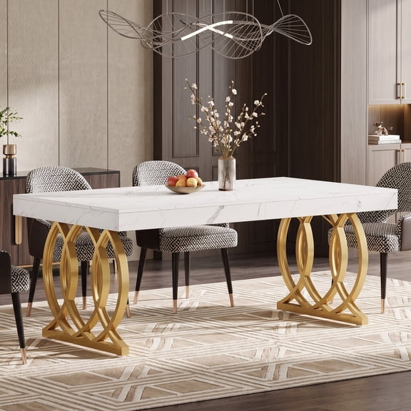 Fnova 63" Modern Dining Table for 4-6, Rectangle Kitchen Table with Faux Marble Tabletop and Geometric Legs for Dining Room, Kitchen, White Gold