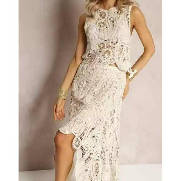 Women's Crochet Lace Asymmetrical High-Low Skirt Set