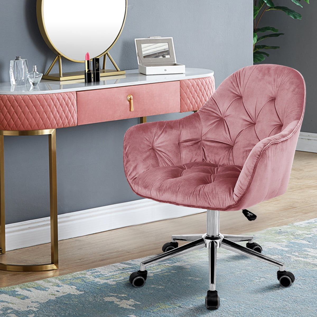 Pink Home Living Chair Office Chair Button-Tufted Velvet Accent Mid-Back Computer Desk Chairs W/Wheels and Arms Adjustable Height Swivel Task Chair for Study Living Bedroom