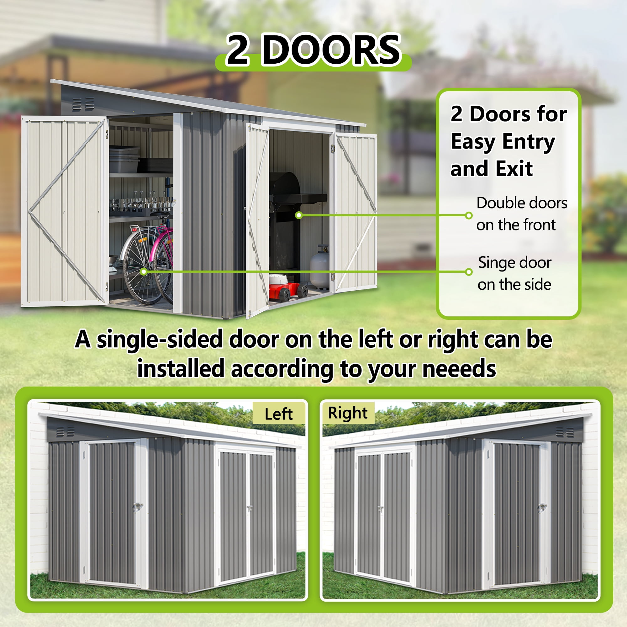LZBEITEM 8x6 ft Outdoor Metal Storage Shed, Lean-to Design, Lockable Garden Tool Shed with Side Wall Entry Door, Gray, Galvanized Floor Frame