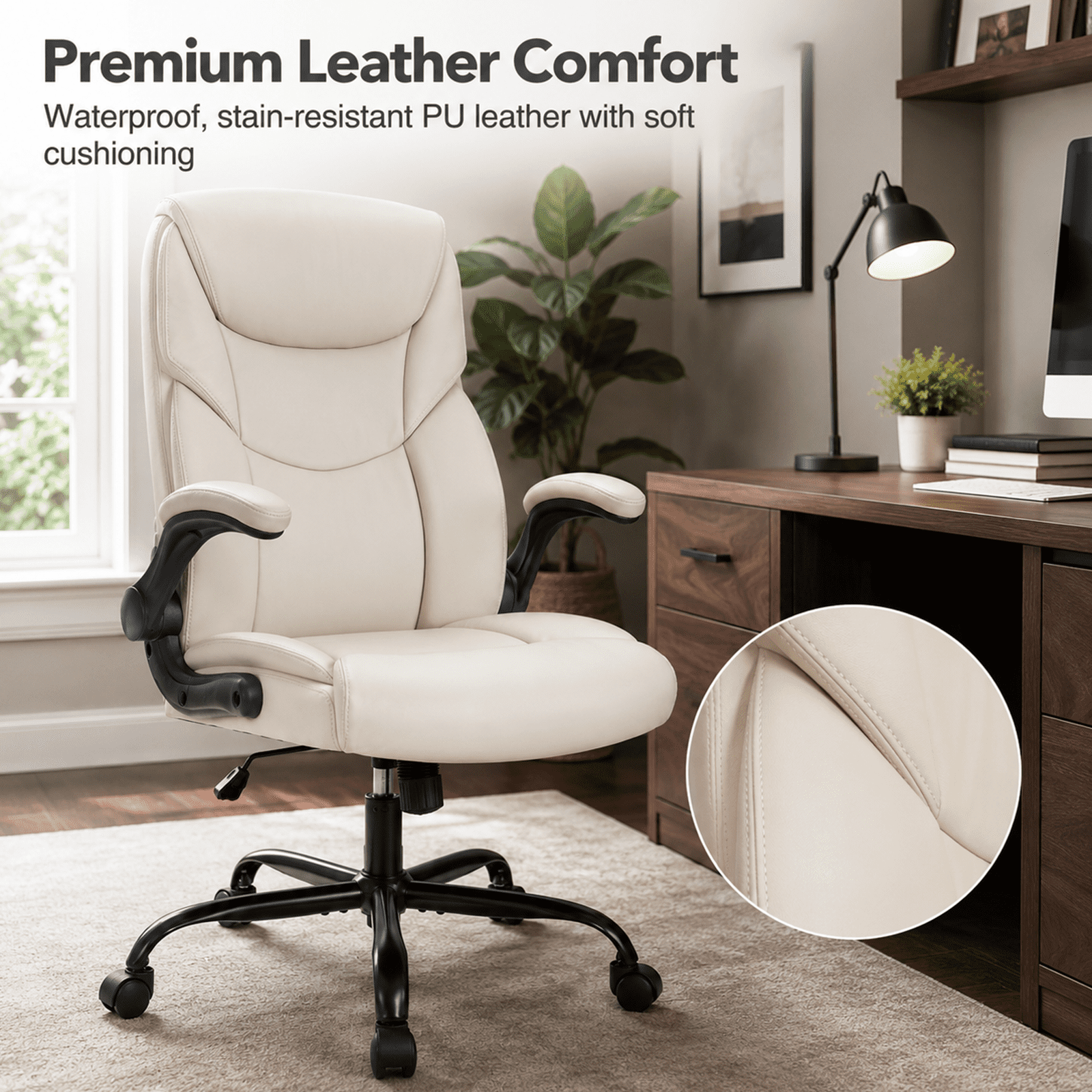 Alvantor PU Leather Executive Office Chair, Ergonomic Big and Tall Computer Desk Chairs, Breathable Leather Chair with Adjustable Flip-up Armrests, Adjustable Lumbar Support, Heavy Duty 300lbs