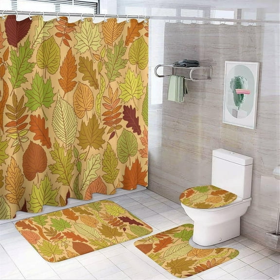 Bathroom Shower Curtain Sets with Rugs, Fallen Leaves Pattern Printed on Bathroom Decor and Accessories, Great for Master Bath Beach House Modern Home, 72 x 72 inches