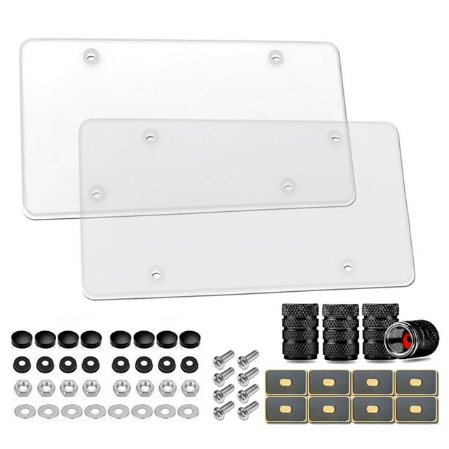 Universal American License Plate Frame Set - 2 Transparent PC Protectors (12.2x6.3 Inch) with 8 Nuts, Buckles, Nut Caps, Gaskets, Screws, Foam Pads & 4 Valve Caps - All-in-One Boxed Auto Accessory