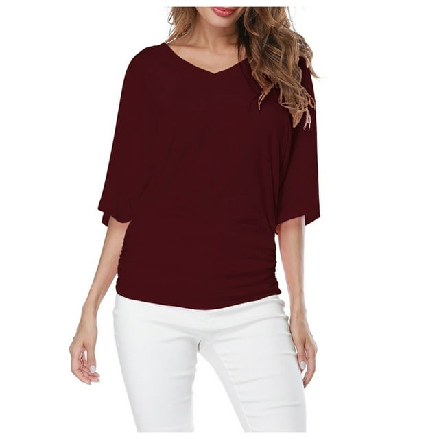 Plus Top V Neck Sleeve Batwing Loose T Shirt Fashion Size Fold Hem Women Solid Plus Size Tops