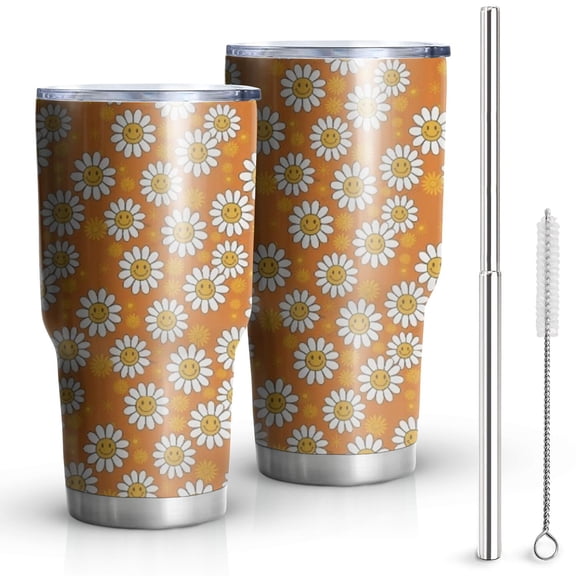 30oz Orange Daisy Flower Smiley Faces Pattern Tumblers Stainless Steel Tumbler with Lid and Straw,Vacuum Insulated Double Wall Travel Tumbler Cups Mug with Cleaning Brush for Coffee,Tea