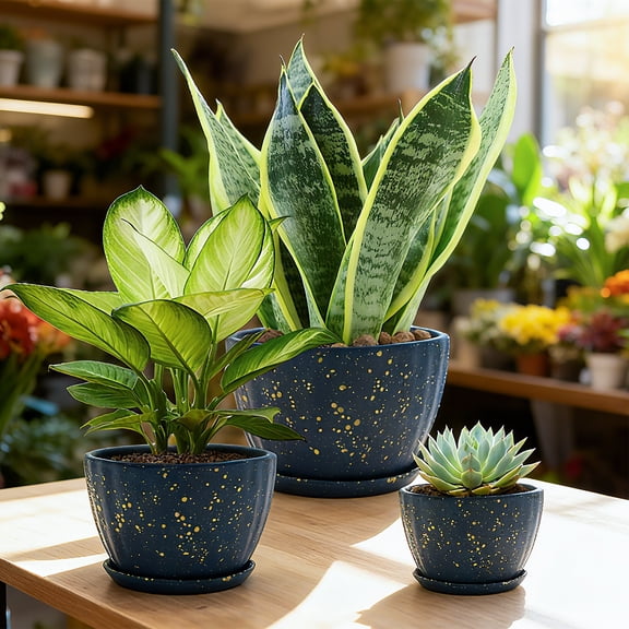 3-Piece Small Ceramic Planter Set,Round Blue Pots with Drainage Holes & Saucers,Compact Indoor Flower Vessels (3.3/4.3/5.5 Inches Diameter)