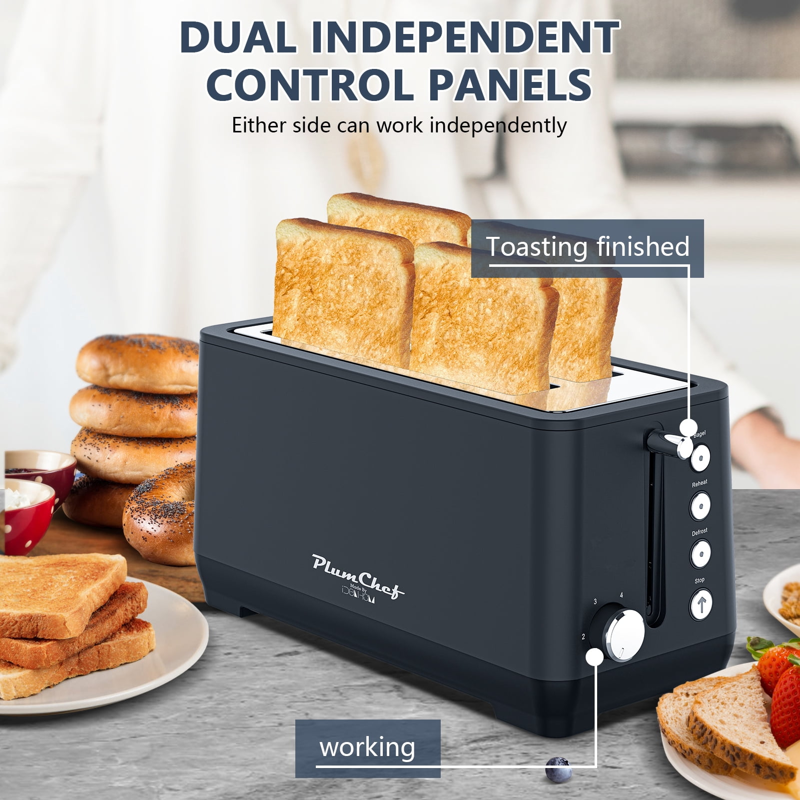 4-Slice Toaster, Extra Wide Long Slot Toaster with Warming Rack, 6 Browning Settings, Bagel/Defrost/Reheat Functions, Removable Crumb Tray, Stainless Steel Housing 1500W, Matte Blue